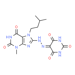 ChemSpider 2D Image | 5-{[3-Methyl-7-(3-methylbutyl)-2,6-dioxo-2,3,6,7-tetrahydro-1H-purin-8-yl]hydrazono}-2,4,6(1H,3H,5H)-pyrimidinetrione | C15H18N8O5