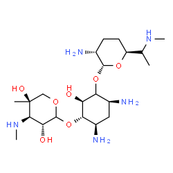 ChemSpider 2D Image | (1S,2S,4S,6R)-4,6-Diamino-3-({(2R,3R,6S)-3-amino-6-[(1S)-1-(methylamino)ethyl]tetrahydro-2H-pyran-2-yl}oxy)-2-hydroxycyclohexyl 3-deoxy-4-C-methyl-3-(methylamino)-L-arabinopyranoside | C21H43N5O7