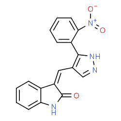 ChemSpider 2D Image | (3Z)-3-{[5-(2-Nitrophenyl)-1H-pyrazol-4-yl]methylene}-1,3-dihydro-2H-indol-2-one | C18H12N4O3