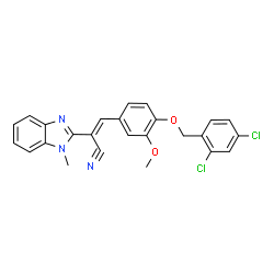 ChemSpider 2D Image | (2E)-3-{4-[(2,4-Dichlorobenzyl)oxy]-3-methoxyphenyl}-2-(1-methyl-1H-benzimidazol-2-yl)acrylonitrile | C25H19Cl2N3O2