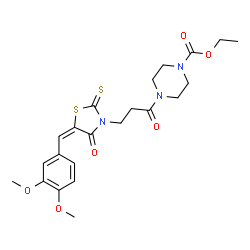 ChemSpider 2D Image | Ethyl 4-{3-[(5E)-5-(3,4-dimethoxybenzylidene)-4-oxo-2-thioxo-1,3-thiazolidin-3-yl]propanoyl}-1-piperazinecarboxylate | C22H27N3O6S2