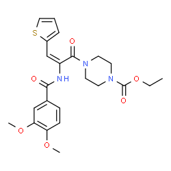 ChemSpider 2D Image | Ethyl 4-[(2E)-2-[(3,4-dimethoxybenzoyl)amino]-3-(2-thienyl)-2-propenoyl]-1-piperazinecarboxylate | C23H27N3O6S