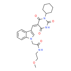 ChemSpider 2D Image | 2-{3-[(E)-(1-Cyclohexyl-2,4,6-trioxotetrahydro-5(2H)-pyrimidinylidene)methyl]-1H-indol-1-yl}-N-(2-methoxyethyl)acetamide | C24H28N4O5