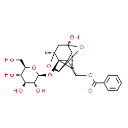 ChemSpider 2D Image | [(1S,2S,3R,5R,6R,8S)-3-(beta-D-Glucopyranosyloxy)-6-hydroxy-8-methyl-9,10-dioxatetracyclo[4.3.1.0~2,5~.0~3,8~]dec-2-yl]methyl benzoate | C23H28O11