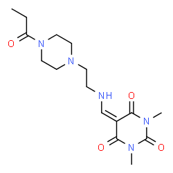 ChemSpider 2D Image | 1,3-Dimethyl-5-{[2-(4-propionyl-piperazin-1-yl)-ethylamino]-methylene}-pyrimidine-2,4,6-trione | C16H25N5O4