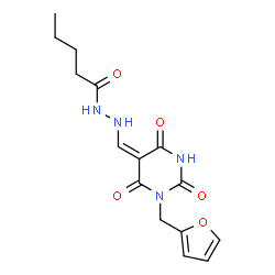 ChemSpider 2D Image | N'-{(E)-[1-(2-Furylmethyl)-2,4,6-trioxotetrahydro-5(2H)-pyrimidinylidene]methyl}pentanehydrazide | C15H18N4O5
