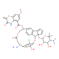 ChemSpider 2D Image | 22-Chloro-4-{[5-(dimethylamino)-3,4-dihydroxy-6,6-dimethyltetrahydro-2H-pyran-2-yl]oxy}-23-hydroxy-14-{[(7-methoxy-2-methylene-3-oxo-3,4-dihydro-2H-1,4-benzoxazin-5-yl)carbonyl]oxy}-17-oxo-2,16-dioxap
entacyclo[18.2.2.1~9,13~.0~3,10~.0~4,8~]pentacosa-1(22),5,7,9(25),10,12,20,23-octaen-19-aminium | C43H45ClN3O13