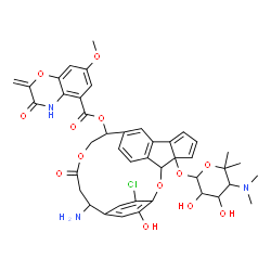 ChemSpider 2D Image | 19-Amino-22-chloro-4-{[5-(dimethylamino)-3,4-dihydroxy-6,6-dimethyltetrahydro-2H-pyran-2-yl]oxy}-23-hydroxy-17-oxo-2,16-dioxapentacyclo[18.2.2.1~9,13~.0~3,10~.0~4,8~]pentacosa-1(22),5,7,9(25),10,12,20
,23-octaen-14-yl 7-methoxy-2-methylene-3-oxo-3,4-dihydro-2H-1,4-benzoxazine-5-carboxylate | C43H44ClN3O13
