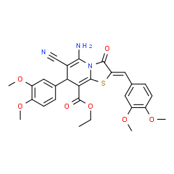 ChemSpider 2D Image | Ethyl (2Z)-5-amino-6-cyano-2-(3,4-dimethoxybenzylidene)-7-(3,4-dimethoxyphenyl)-3-oxo-2,3-dihydro-7H-[1,3]thiazolo[3,2-a]pyridine-8-carboxylate | C28H27N3O7S