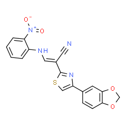 ChemSpider 2D Image | (2E)-2-[4-(1,3-Benzodioxol-5-yl)-1,3-thiazol-2-yl]-3-[(2-nitrophenyl)amino]acrylonitrile | C19H12N4O4S