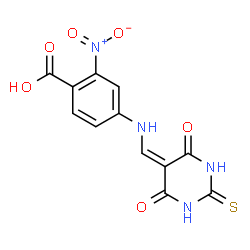 ChemSpider 2D Image | 4-{[(4,6-Dioxo-2-thioxotetrahydro-5(2H)-pyrimidinylidene)methyl]amino}-2-nitrobenzoic acid | C12H8N4O6S