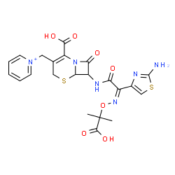 ChemSpider 2D Image | 1-[(7-{[(2Z)-2-(2-Amino-1,3-thiazol-4-yl)-2-{[(2-carboxy-2-propanyl)oxy]imino}acetyl]amino}-2-carboxy-8-oxo-5-thia-1-azabicyclo[4.2.0]oct-2-en-3-yl)methyl]pyridinium | C22H23N6O7S2