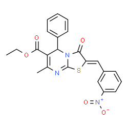 ChemSpider 2D Image | Ethyl (2Z)-7-methyl-2-(3-nitrobenzylidene)-3-oxo-5-phenyl-2,3-dihydro-5H-[1,3]thiazolo[3,2-a]pyrimidine-6-carboxylate | C23H19N3O5S