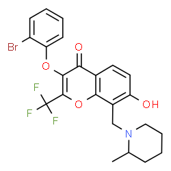 ChemSpider 2D Image | 3-(2-Bromophenoxy)-7-hydroxy-8-[(2-methyl-1-piperidinyl)methyl]-2-(trifluoromethyl)-4H-chromen-4-one | C23H21BrF3NO4