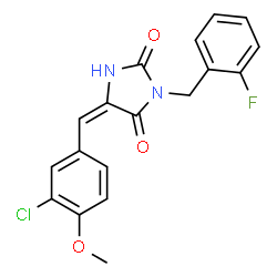 ChemSpider 2D Image | (5E)-5-(3-Chloro-4-methoxybenzylidene)-3-(2-fluorobenzyl)-2,4-imidazolidinedione | C18H14ClFN2O3