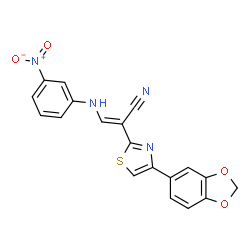 ChemSpider 2D Image | (2E)-2-[4-(1,3-Benzodioxol-5-yl)-1,3-thiazol-2-yl]-3-[(3-nitrophenyl)amino]acrylonitrile | C19H12N4O4S