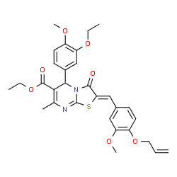 ChemSpider 2D Image | Ethyl (2Z)-2-[4-(allyloxy)-3-methoxybenzylidene]-5-(3-ethoxy-4-methoxyphenyl)-7-methyl-3-oxo-2,3-dihydro-5H-[1,3]thiazolo[3,2-a]pyrimidine-6-carboxylate | C30H32N2O7S