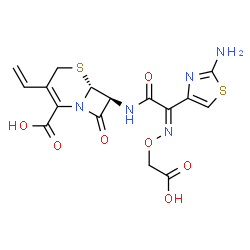 ChemSpider 2D Image | (6R,7S)-7-({(2Z)-2-(2-Amino-1,3-thiazol-4-yl)-2-[(carboxymethoxy)imino]acetyl}amino)-8-oxo-3-vinyl-5-thia-1-azabicyclo[4.2.0]oct-2-ene-2-carboxylic acid | C16H15N5O7S2