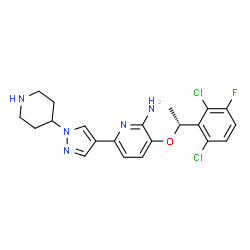 ChemSpider 2D Image | 3-[(1R)-1-(2,6-Dichloro-3-fluorophenyl)ethoxy]-6-[1-(4-piperidinyl)-1H-pyrazol-4-yl]-2-pyridinamine | C21H22Cl2FN5O