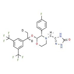ChemSpider 2D Image | 5-{[(2R,3S)-2-{[(1R)-1-[3,5-Bis(trifluoromethyl)phenyl](1,2-~2~H_2_)ethyl]oxy}-3-(4-fluorophenyl)-4-morpholinyl](~13~C)methyl}(5-~13~C)-2,4-dihydro-3H-1,2,4-triazol-3-one | C2113C2H19D2F7N4O3