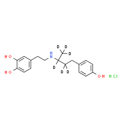 ChemSpider 2D Image | 4-(2-{[4-(4-Hydroxyphenyl)(1,1,1,2,3,3-~2~H_6_)-2-butanyl]amino}ethyl)-1,2-benzenediol hydrochloride (1:1) | C18H18D6ClNO3