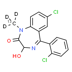 ChemSpider 2D Image | 7-Chloro-5-(2-chlorophenyl)-3-hydroxy-1-(~13~C,~2~H_3_)methyl-1,3-dihydro-2H-1,4-benzodiazepin-2-one | C1513CH9D3Cl2N2O2