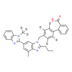 ChemSpider 2D Image | 4'-{[7'-Methyl-1-(~2~H_3_)methyl-2'-propyl-1H,3'H-2,5'-bibenzimidazol-3'-yl]methyl}-2-(2',3',5',6'-~2~H_4_)biphenylcarboxylic acid | C33H23D7N4O2