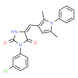 ChemSpider 2D Image | (5E)-3-(3-Chlorophenyl)-5-[(2,5-dimethyl-1-phenyl-1H-pyrrol-3-yl)methylene]-2,4-imidazolidinedione | C22H18ClN3O2