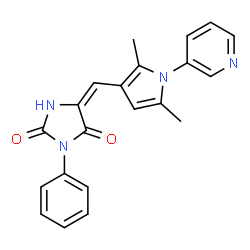 ChemSpider 2D Image | (5E)-5-{[2,5-Dimethyl-1-(3-pyridinyl)-1H-pyrrol-3-yl]methylene}-3-phenyl-2,4-imidazolidinedione | C21H18N4O2