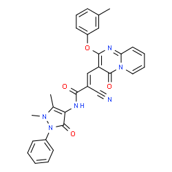 ChemSpider 2D Image | (2E)-2-Cyano-N-(1,5-dimethyl-3-oxo-2-phenyl-2,3-dihydro-1H-pyrazol-4-yl)-3-[2-(3-methylphenoxy)-4-oxo-4H-pyrido[1,2-a]pyrimidin-3-yl]acrylamide | C30H24N6O4