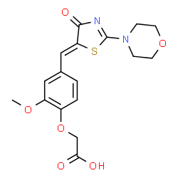 ChemSpider 2D Image | {2-methoxy-4-[(Z)-(2-morpholin-4-yl-4-oxo-1,3-thiazol-5(4H)-ylidene)methyl]phenoxy}acetic acid | C17H18N2O6S