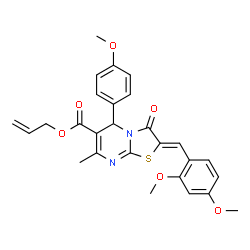 ChemSpider 2D Image | Allyl (2Z)-2-(2,4-dimethoxybenzylidene)-5-(4-methoxyphenyl)-7-methyl-3-oxo-2,3-dihydro-5H-[1,3]thiazolo[3,2-a]pyrimidine-6-carboxylate | C27H26N2O6S