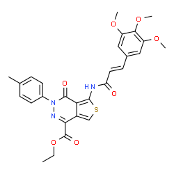 ChemSpider 2D Image | Ethyl 3-(4-methylphenyl)-4-oxo-5-{[(2E)-3-(3,4,5-trimethoxyphenyl)-2-propenoyl]amino}-3,4-dihydrothieno[3,4-d]pyridazine-1-carboxylate | C28H27N3O7S