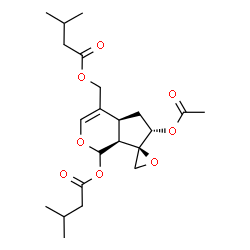 ChemSpider 2D Image | (4aS,6S,7R,7aS)-6-Acetoxy-4-{[(3-methylbutanoyl)oxy]methyl}-4a,5,6,7a-tetrahydro-1H-spiro[cyclopenta[c]pyran-7,2'-oxiran]-1-yl 3-methylbutanoate | C22H32O8