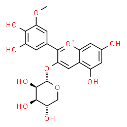 ChemSpider 2D Image | 2-(3,4-Dihydroxy-5-methoxyphenyl)-5,7-dihydroxy-3-chromeniumyl alpha-L-lyxopyranoside | C21H21O11
