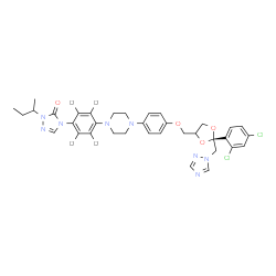 ChemSpider 2D Image | 2-sec-Butyl-4-{4-[4-(4-{[(2S)-2-(2,4-dichlorophenyl)-2-(1H-1,2,4-triazol-1-ylmethyl)-1,3-dioxolan-4-yl]methoxy}phenyl)-1-piperazinyl](~2~H_4_)phenyl}-2,4-dihydro-3H-1,2,4-triazol-3-one | C35H34D4Cl2N8O4