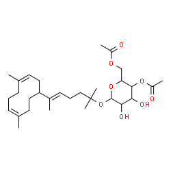 ChemSpider 2D Image | (5E)-6-[(3Z,7Z)-4,8-Dimethyl-3,7-cyclodecadien-1-yl]-2-methyl-5-hepten-2-yl 4,6-di-O-acetylhexopyranoside | C30H48O8