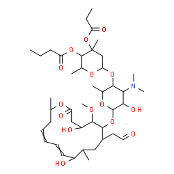 ChemSpider 2D Image | 6-{[6-{[4,10-Dihydroxy-5-methoxy-9,16-dimethyl-2-oxo-7-(2-oxoethyl)oxacyclohexadeca-11,13-dien-6-yl]oxy}-4-(dimethylamino)-5-hydroxy-2-methyltetrahydro-2H-pyran-3-yl]oxy}-2,4-dimethyl-4-(propionyloxy)
tetrahydro-2H-pyran-3-yl butyrate | C42H69NO15