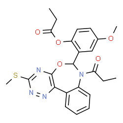 ChemSpider 2D Image | 4-Methoxy-2-[3-(methylsulfanyl)-7-propionyl-6,7-dihydro[1,2,4]triazino[5,6-d][3,1]benzoxazepin-6-yl]phenyl propionate | C24H24N4O5S