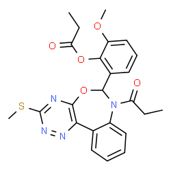 ChemSpider 2D Image | 2-Methoxy-6-[3-(methylsulfanyl)-7-propionyl-6,7-dihydro[1,2,4]triazino[5,6-d][3,1]benzoxazepin-6-yl]phenyl propionate | C24H24N4O5S