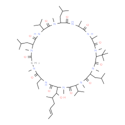 ChemSpider 2D Image | 30-Ethyl-33-[(4E)-1-hydroxy-2-methyl-4-hexen-1-yl]-6,18,24-triisobutyl-3,21-diisopropyl-1,4,7,10,12,15,19,25,28-nonamethyl-9-(2-methyl-2-propanyl)-1,4,7,10,13,16,19,22,25,28,31-undecaazacyclotritriaco
ntane-2,5,8,11,14,17,20,23,26,29,32-undecone | C62H111N11O12