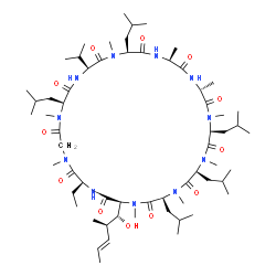 ChemSpider 2D Image | (3S,6S,9S,12R,15S,18S,21S,24S,30S,33S)-30-Ethyl-33-[(1R,2R,3E)-1-hydroxy-2-methyl-3-penten-1-yl]-3,6,9,18,24-pentaisobutyl-21-isopropyl-1,4,7,10,12,15,19,25,28-nonamethyl-1,4,7,10,13,16,19,22,25,28,31
-undecaazacyclotritriacontane-2,5,8,11,14,17,20,23,26,29,32-undecone | C62H111N11O12