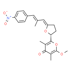 ChemSpider 2D Image | 2-Methoxy-3,5-dimethyl-6-{(2R,5Z)-5-[(2E)-2-methyl-3-(4-nitrophenyl)-2-propen-1-ylidene]tetrahydro-2-furanyl}-4H-pyran-4-one | C22H23NO6
