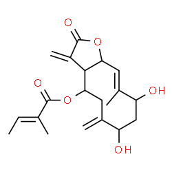 ChemSpider 2D Image | (10E)-7,9-Dihydroxy-10-methyl-3,6-bis(methylene)-2-oxo-2,3,3a,4,5,6,7,8,9,11a-decahydrocyclodeca[b]furan-4-yl (2E)-2-methyl-2-butenoate | C20H26O6