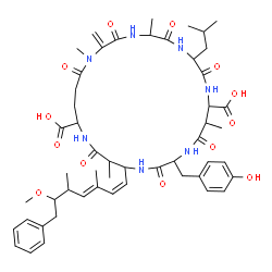 ChemSpider 2D Image | 15-(4-Hydroxybenzyl)-8-isobutyl-18-[(1Z,3E)-6-methoxy-3,5-dimethyl-7-phenyl-1,3-heptadien-1-yl]-1,5,12,19-tetramethyl-2-methylene-3,6,9,13,16,20,25-heptaoxo-1,4,7,10,14,17,21-heptaazacyclopentacosane-
11,22-dicarboxylic acid | C52H71N7O13