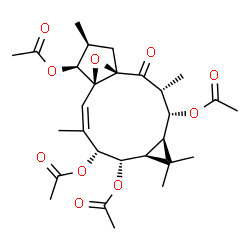ChemSpider 2D Image | (1R,3R,4R,5R,7S,8S,9R,10Z,12S,13S,14S)-3,6,6,10,14-Pentamethyl-2-oxo-16-oxatetracyclo[10.3.1.0~1,12~.0~5,7~]hexadec-10-ene-4,8,9,13-tetrayl tetraacetate | C28H38O10