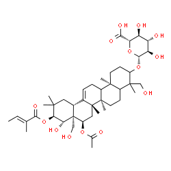 ChemSpider 2D Image | (5xi,9xi,16alpha,18alpha,21alpha,22beta)-16-Acetoxy-22,23,28-trihydroxy-21-{[(2E)-2-methyl-2-butenoyl]oxy}olean-12-en-3-yl beta-D-glucopyranosiduronic acid | C43H66O14