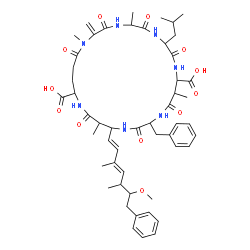 ChemSpider 2D Image | 15-Benzyl-8-isobutyl-18-[(1E,3E)-6-methoxy-3,5-dimethyl-7-phenyl-1,3-heptadien-1-yl]-1,5,12,19-tetramethyl-2-methylene-3,6,9,13,16,20,25-heptaoxo-1,4,7,10,14,17,21-heptaazacyclopentacosane-11,22-dicar
boxylic acid | C52H71N7O12