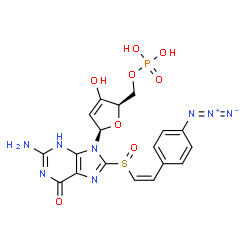 ChemSpider 2D Image | [(2R,5R)-5-(2-Amino-8-{[(Z)-2-(4-azidophenyl)vinyl]sulfinyl}-6-oxo-3,6-dihydro-9H-purin-9-yl)-3-hydroxy-2,5-dihydro-2-furanyl]methyl dihydrogen phosphate | C18H17N8O8PS