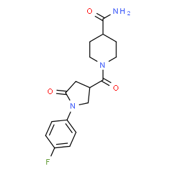 ChemSpider 2D Image | 1-{[1-(4-Fluorophenyl)-5-oxo-3-pyrrolidinyl]carbonyl}-4-piperidinecarboxamide | C17H20FN3O3